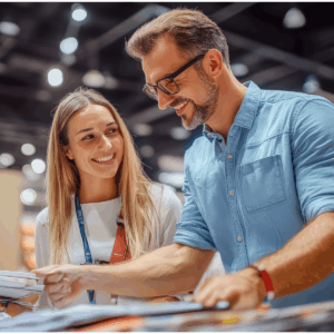 event gamification image shows man and woman at trade show visiting booths